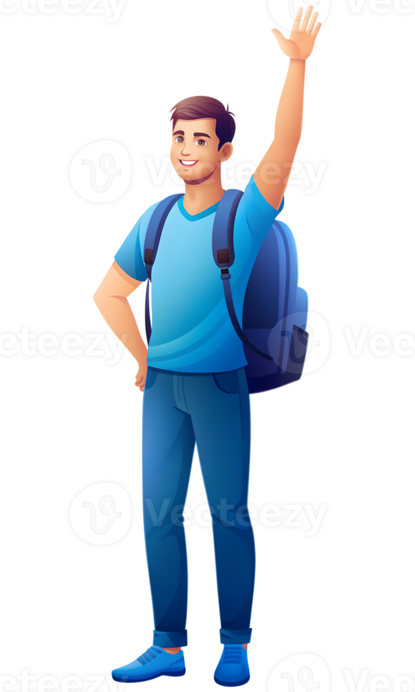 Young man with a small backpack on one shoulder, smiling and waving with one hand raised. He is dressed casually in a blue shirt and jeans png