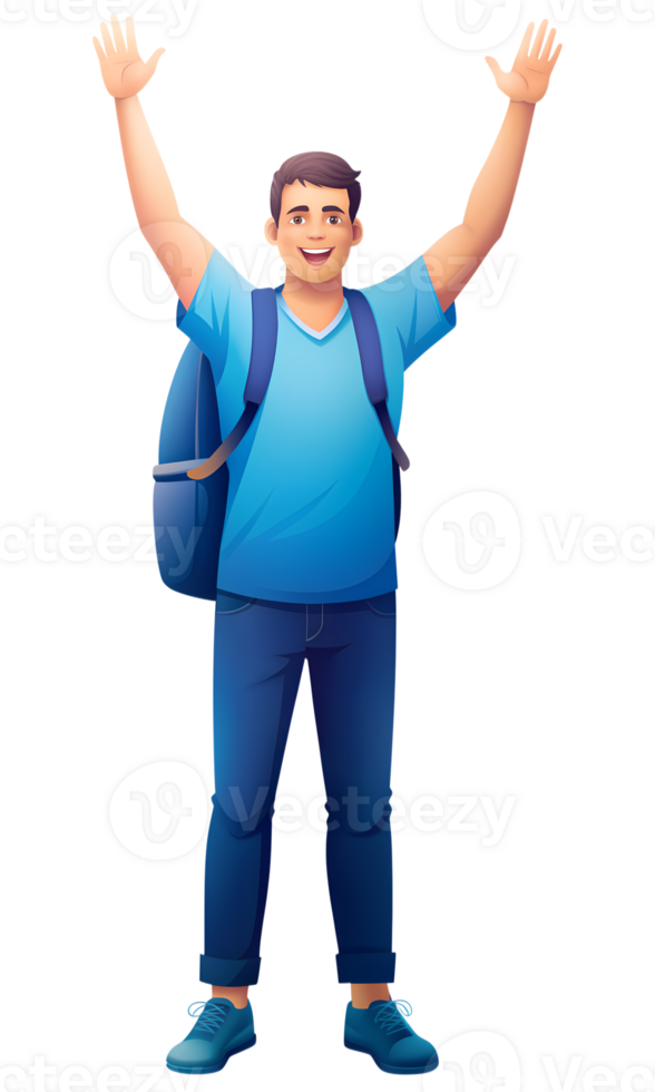 Young man waving with one hand, carrying a small backpack on one shoulder png