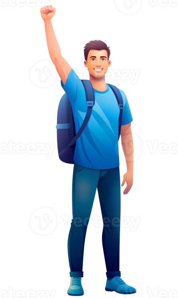 Young man waving with a smile, wearing a blue t shirt, jeans, and a backpack png