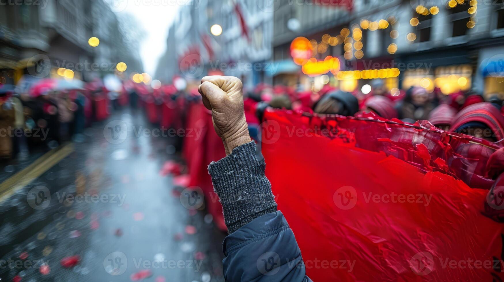 Close-up of a raised fist, against the background of a demonstration or rally, symbolizing the struggle for freedom and justice, against the blurred background of a protesting crowd. photo