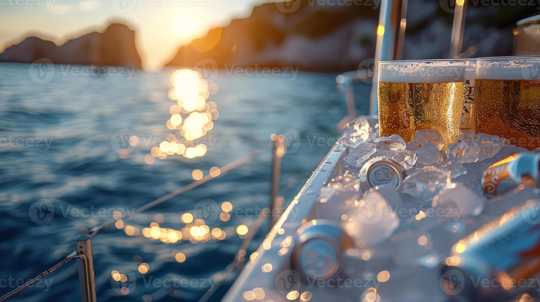 Container filled with ice, with white aluminum cans of drink inside, without labels, on the deck of a yacht with the sea in the background photo