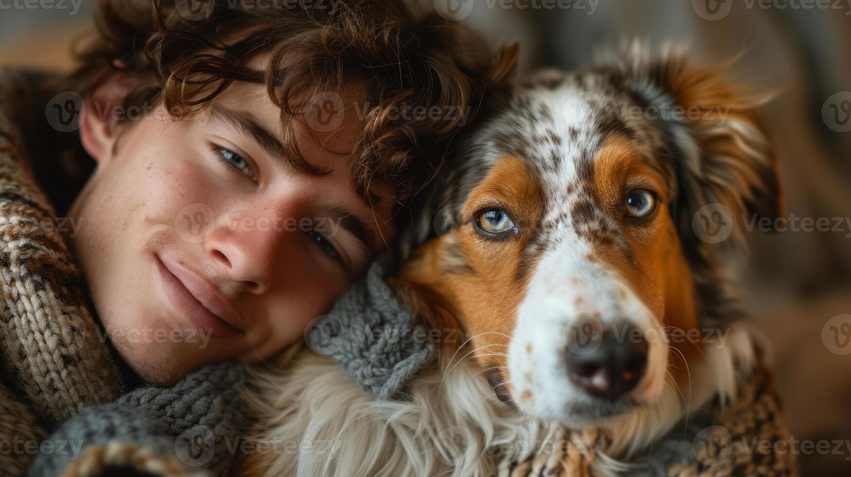 A young man sits on the floor with his dog, hugs it and expresses his emotions. photo