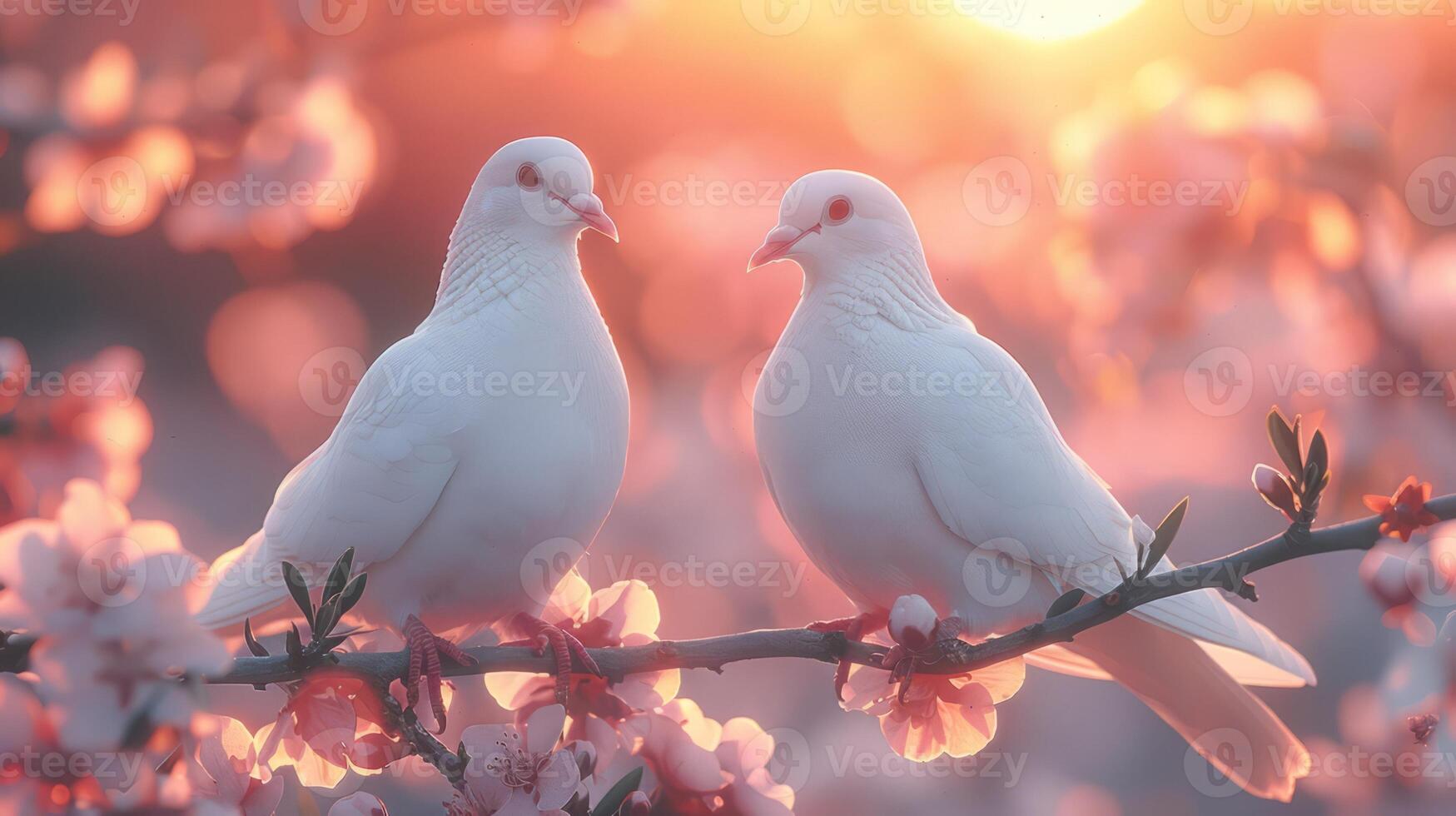 A pair of white doves perched on a blossoming sakkura branch in the warm light of sunrise. photo