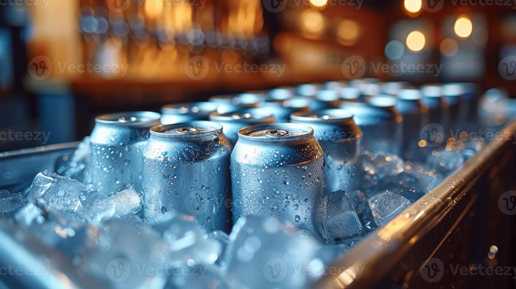 Refrigerator filled with ice, with white cans of drink inside, no inscriptions, side view photo
