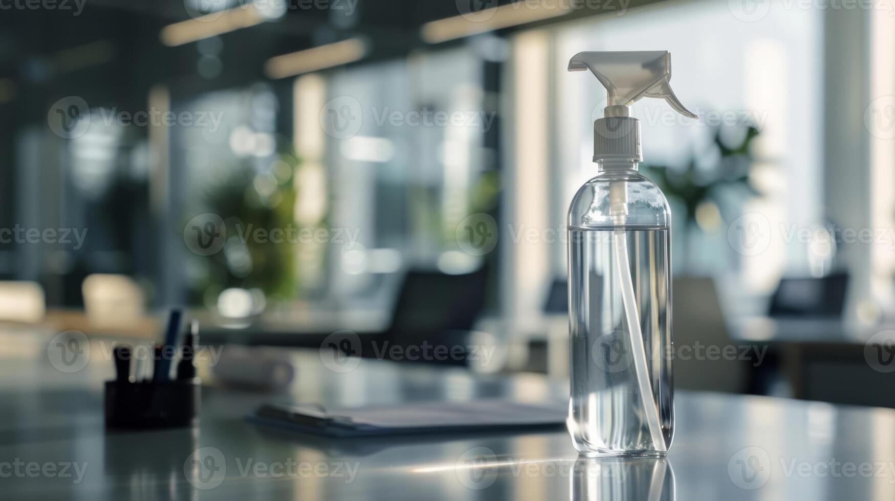 Clear plastic hand disinfection spray bottle in an office space. The concept of safety and disinfection photo
