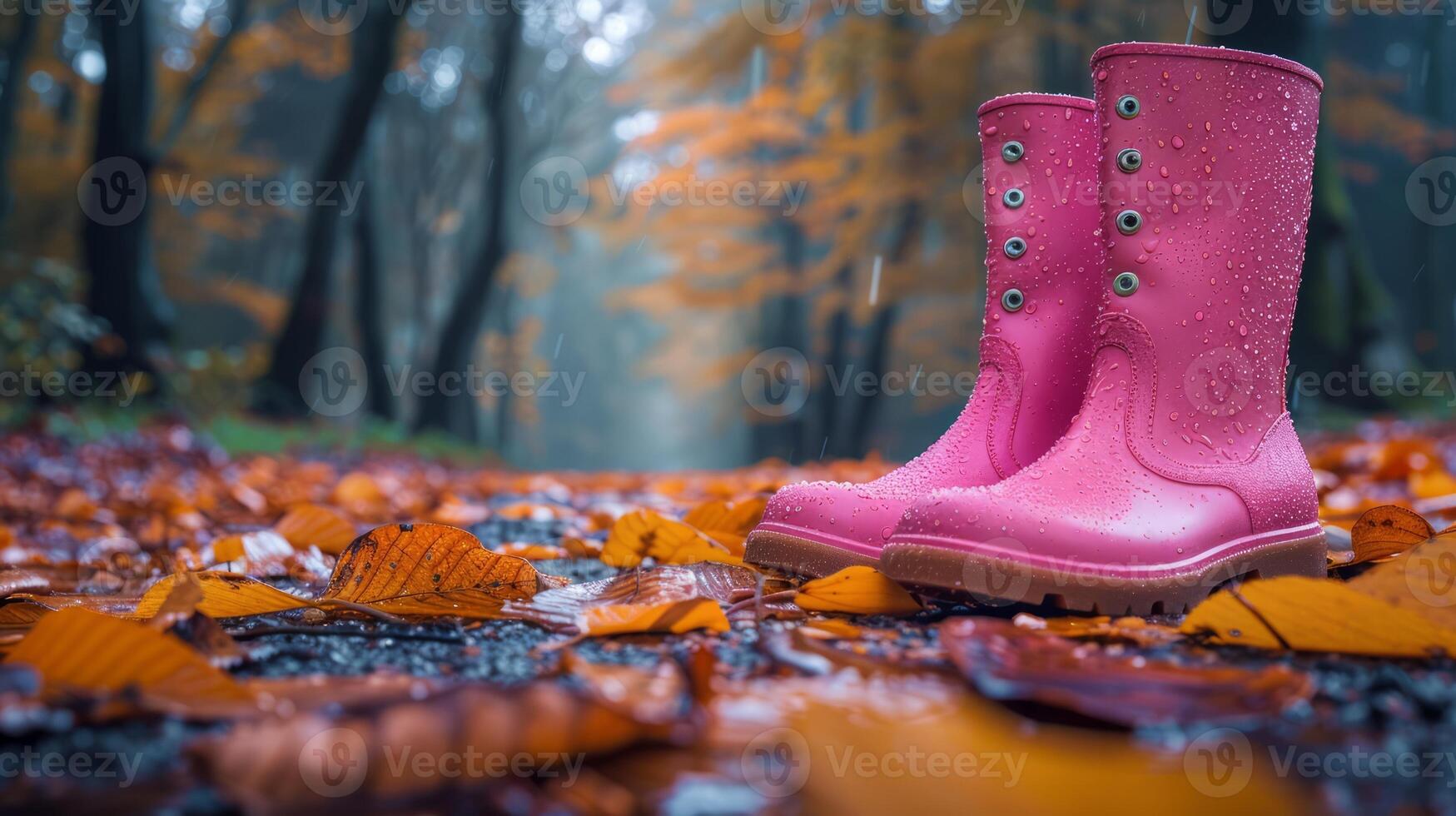 A pair of pink rain boots on a leaf-covered path in a misty autumn forest, with water droplets on them. photo