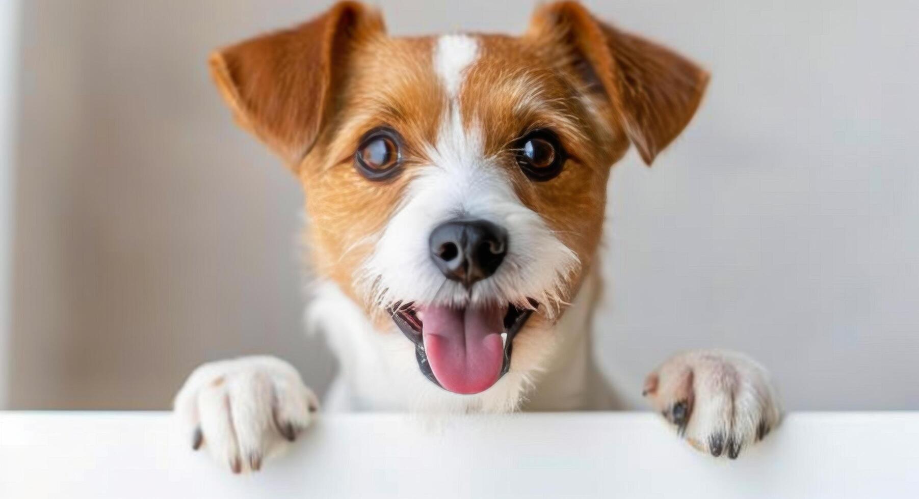Happy Dog Peeking Over White Surface photo