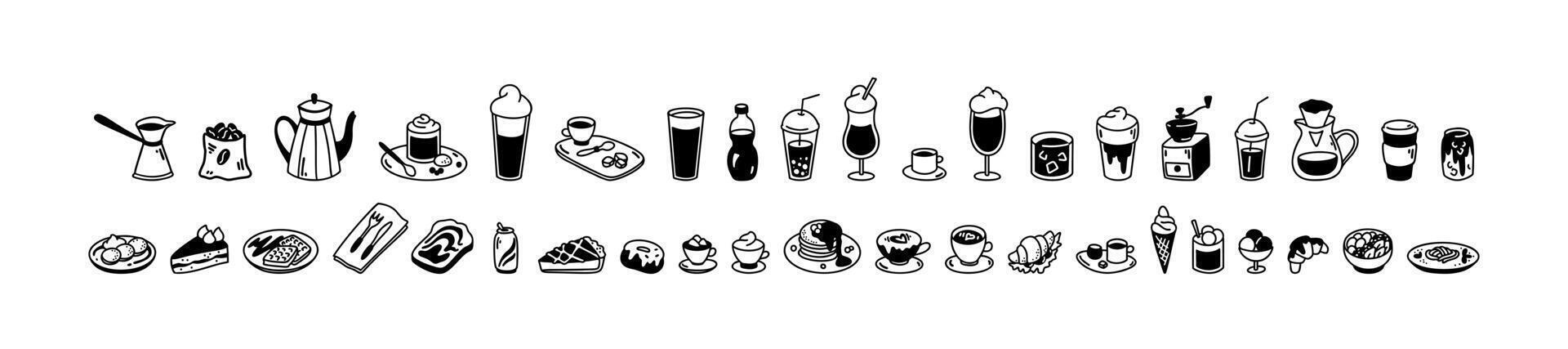 Cute line coffee shop design elements. Minimalist breakfast, lunch, dessert aesthetic. Restaurant menu minimal icons. Cups glasses, mugs of hot drinks. Coffee, tea, espresso, latte, mocha, matcha vector