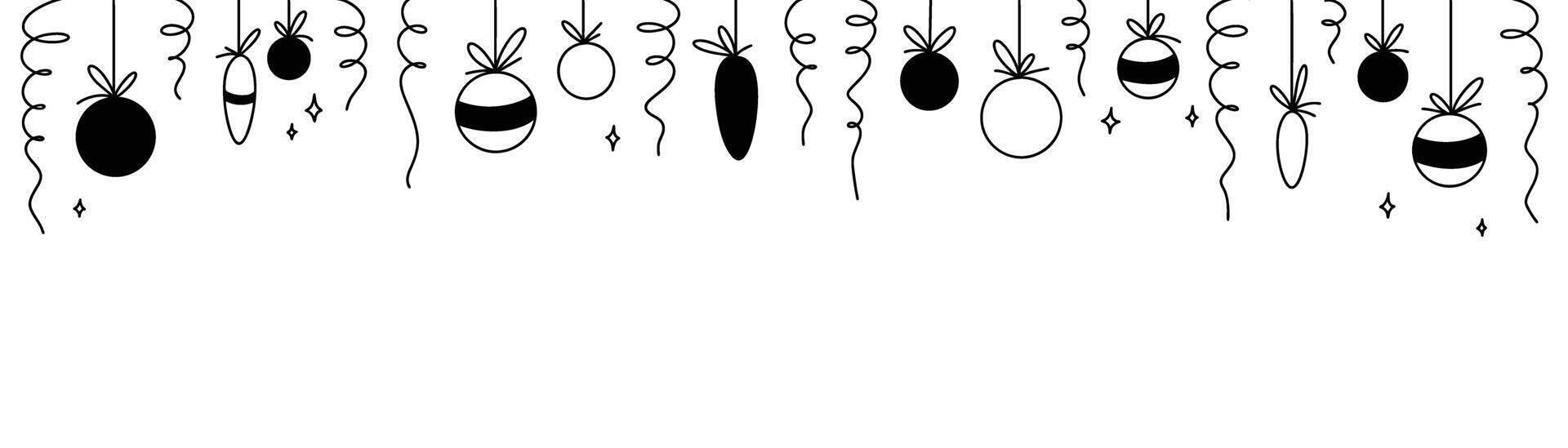 Christmas tree hanging balls. New year bubbles, stars and confetti. Winter festive background. Cute line doddle hand drawn illustration. Kid crayon sketch. Scribble and squiggle drawing vector