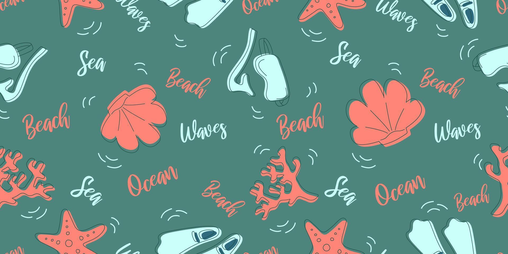Seamless pattern with tropical summer elements on blue background for fabric, drawing labels, print on t-shirt, wallpaper of children's room, vacation, holiday or summer design. vector