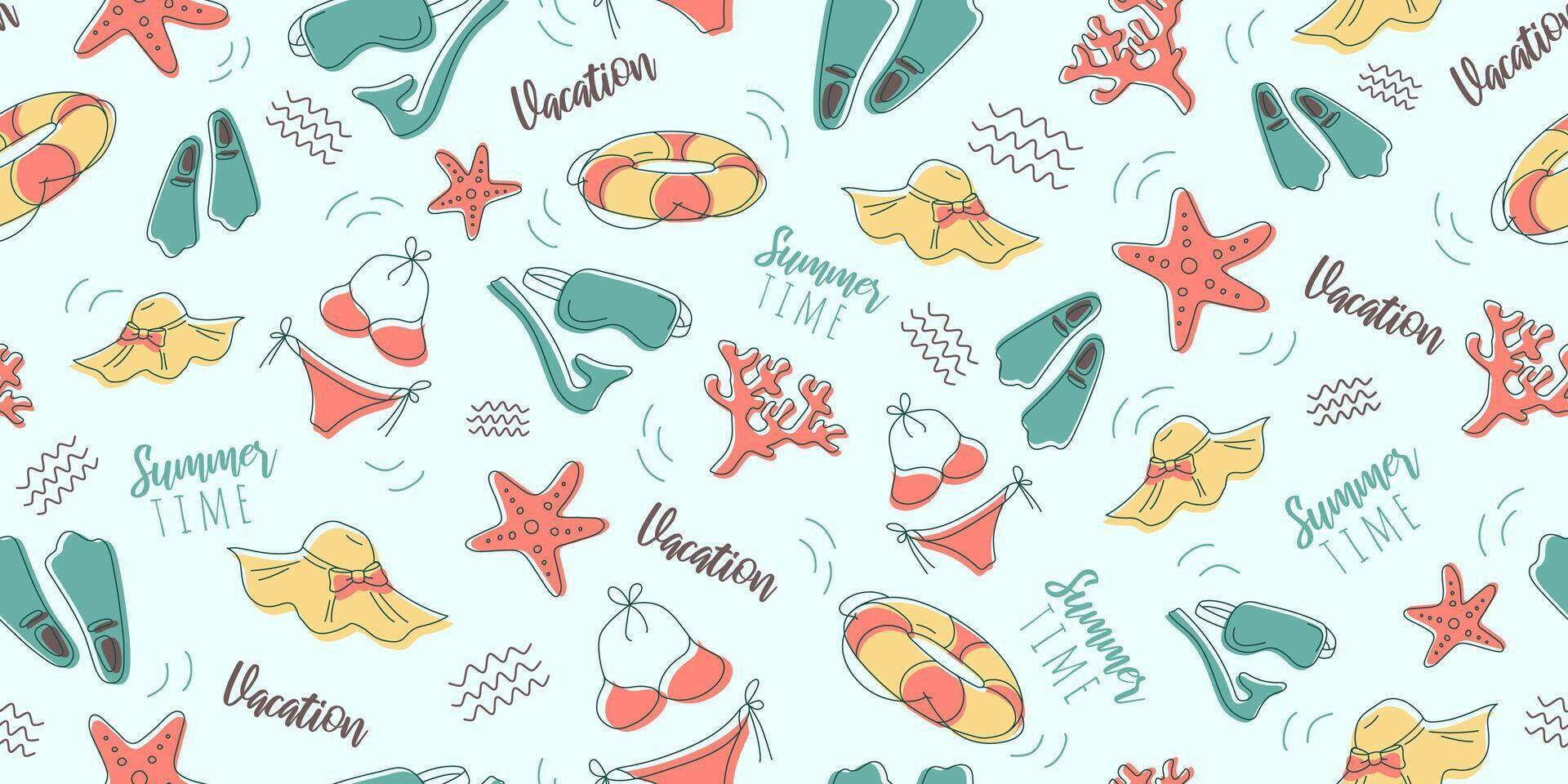Seamless pattern with tropical summer elements on blue background for fabric, drawing labels, print on t-shirt, wallpaper of children's room, vacation, holiday or summer design. vector