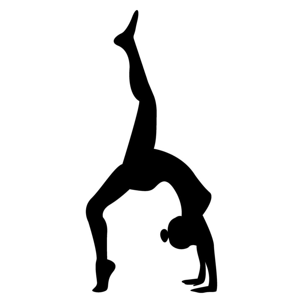 black silhouette of a gymnast in a standing position upside down on one leg and hands vector