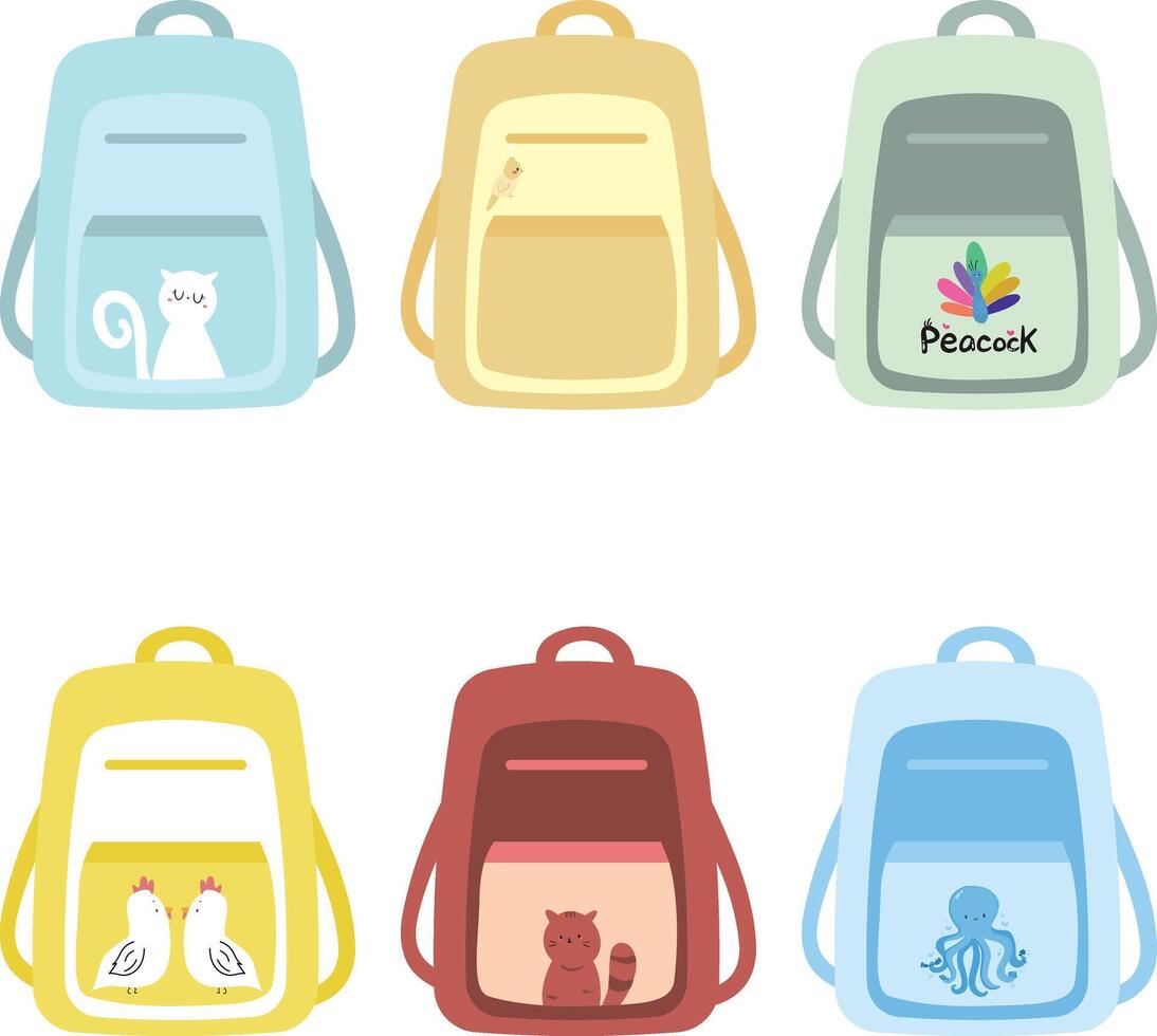 Set of cartoon illustrations with school bags and backpacks on white background Pro vector