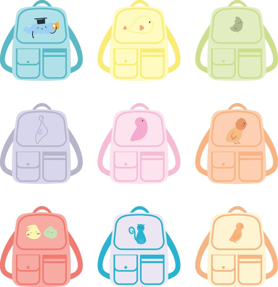 Set of cartoon illustrations with school bags and backpacks on white background Pro vector