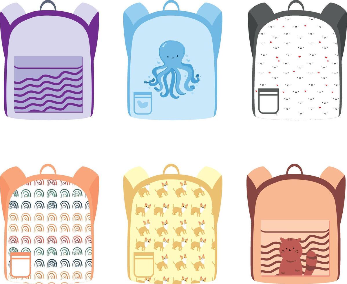 Set of cartoon illustrations with school bags and backpacks on white background Pro vector