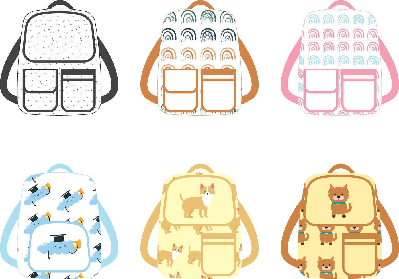 Set of cartoon illustrations with school bags and backpacks on white background Pro vector