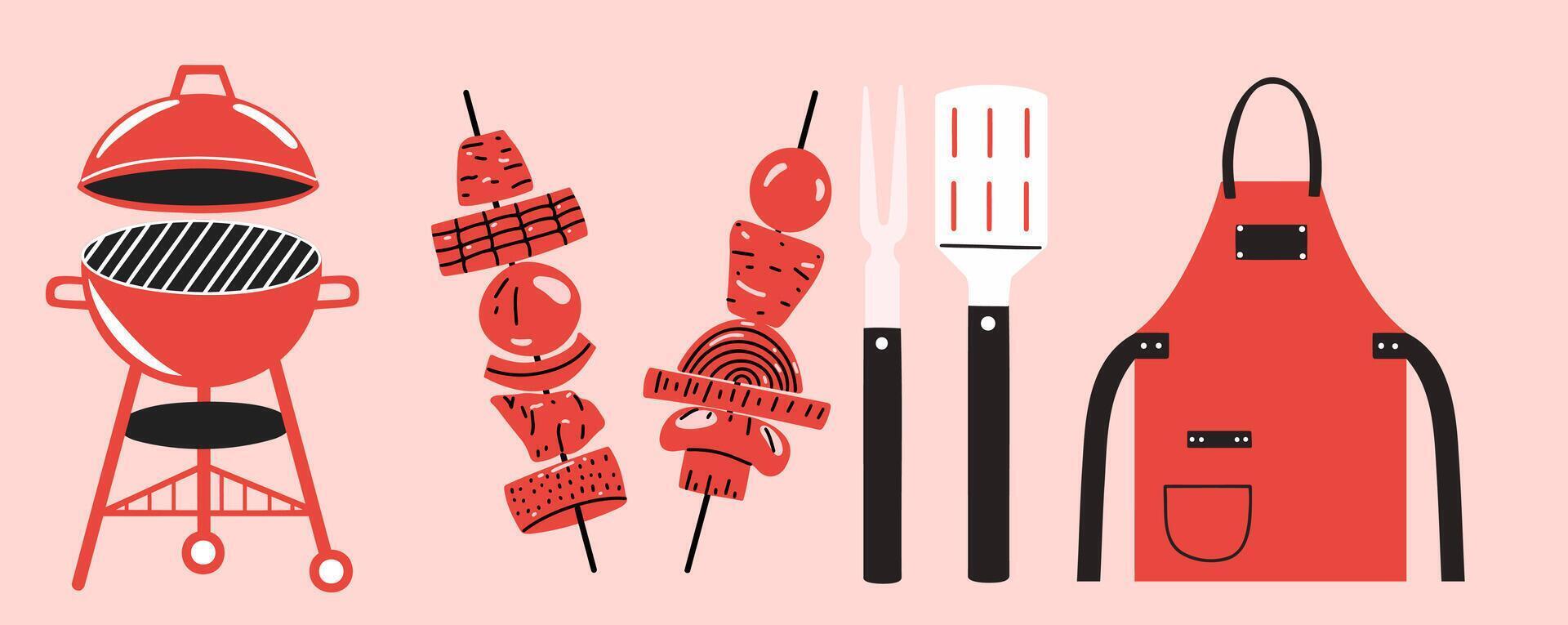 Barbecue set with charcoal grill, kebab, cooking tools and apron. vector