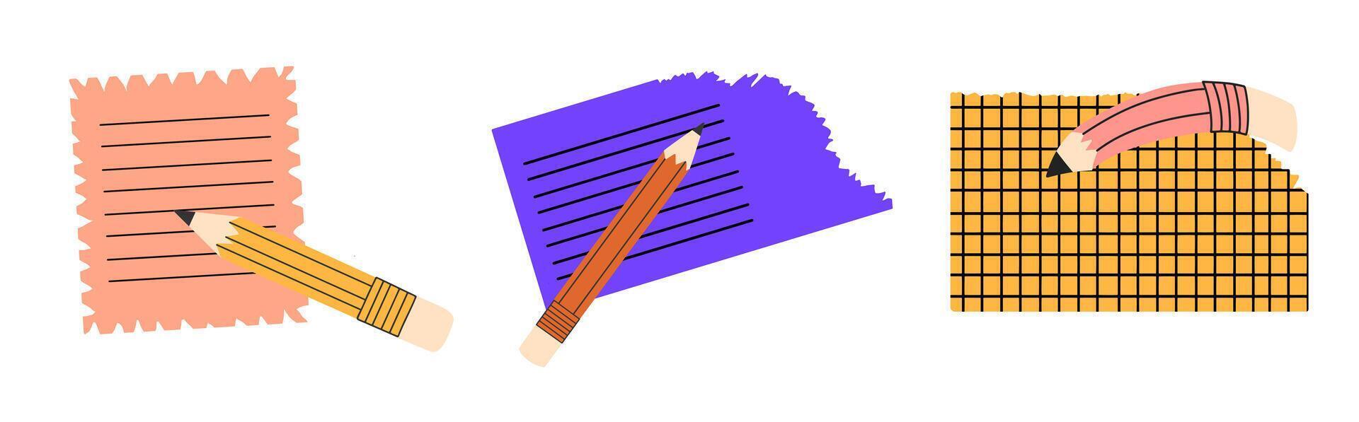 Note or message with pencils. Blank checkered, torn paper. hand draw design. vector