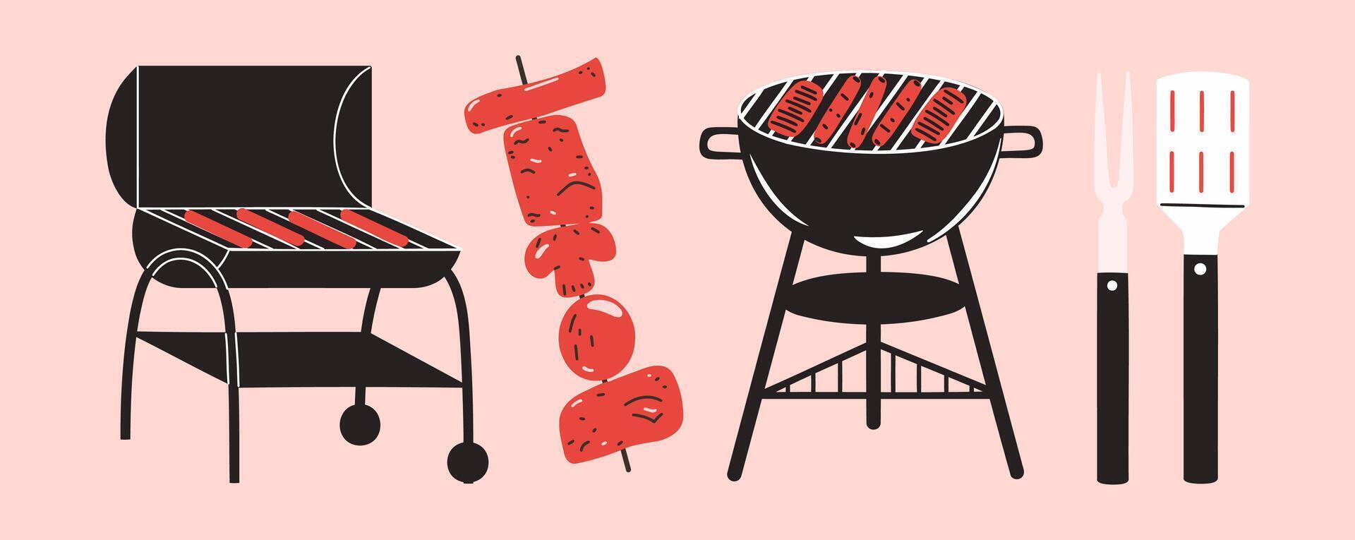 Barbecue set with charcoal grill, kebab and cooking tool. BBQ set. vector