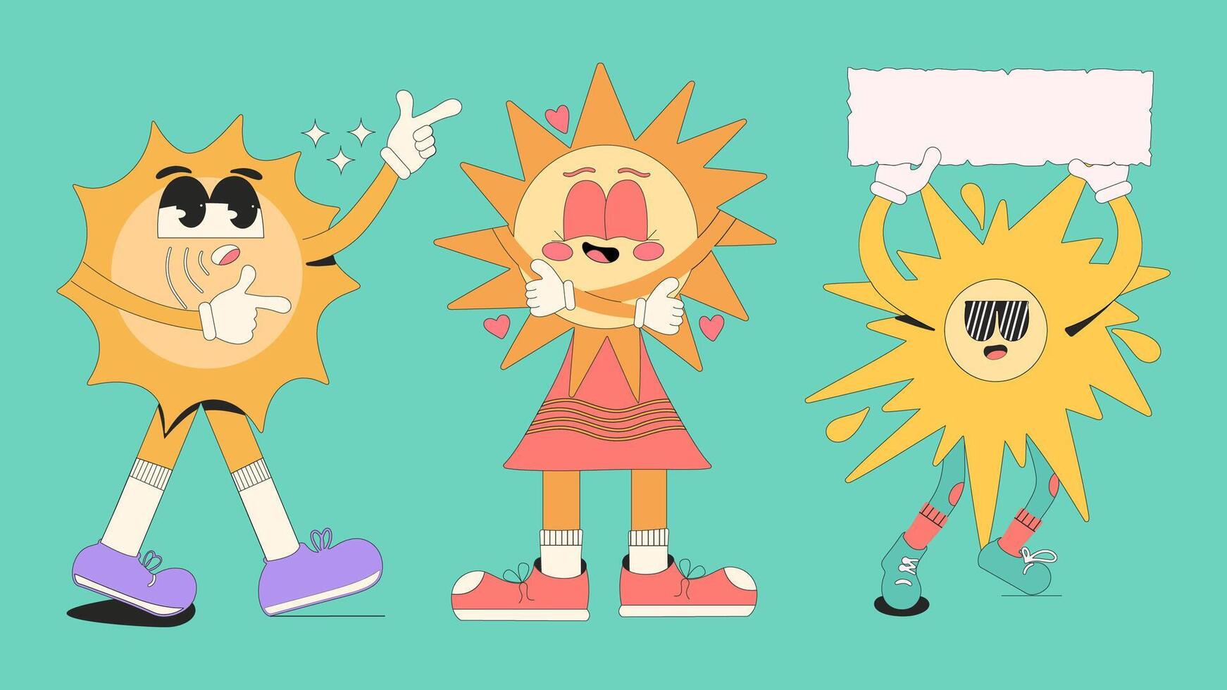 Cartoon characters in retro groove style. Set of funny suns in different poses. illustration. vector