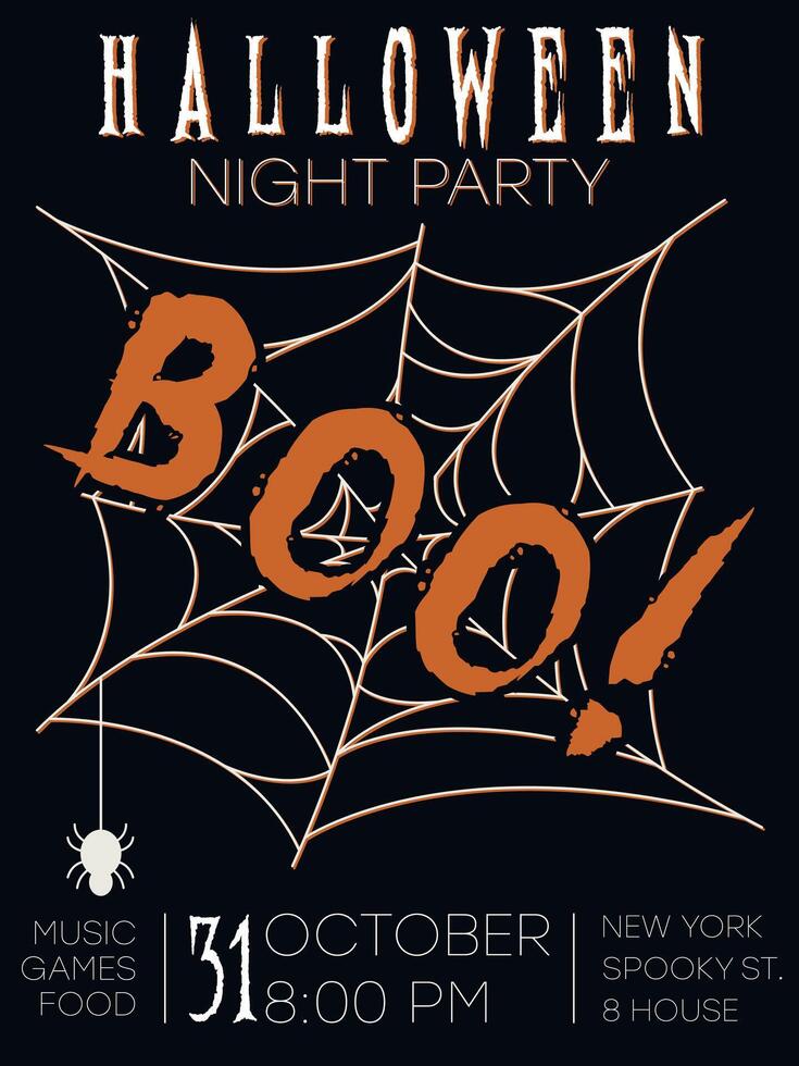 halloween party poster with spider web, cobweb spooky poster vector