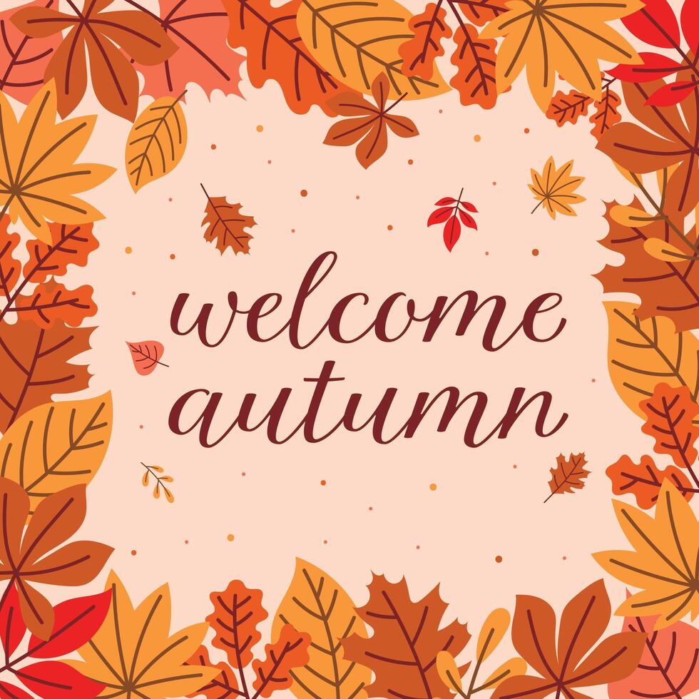 Autumn hand drawn leaves welcome autumn season. Fall season slogan. Autumn phrase with cute cozy design leaves elements vector
