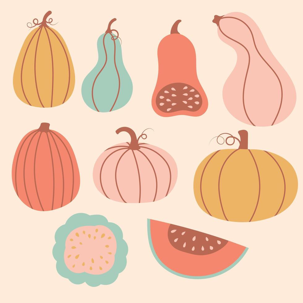 Simple pumpkin hand drawn set, Autumn set of hand drawn cute and cozy design elements, Fall, Pumpkin season, halloween vector