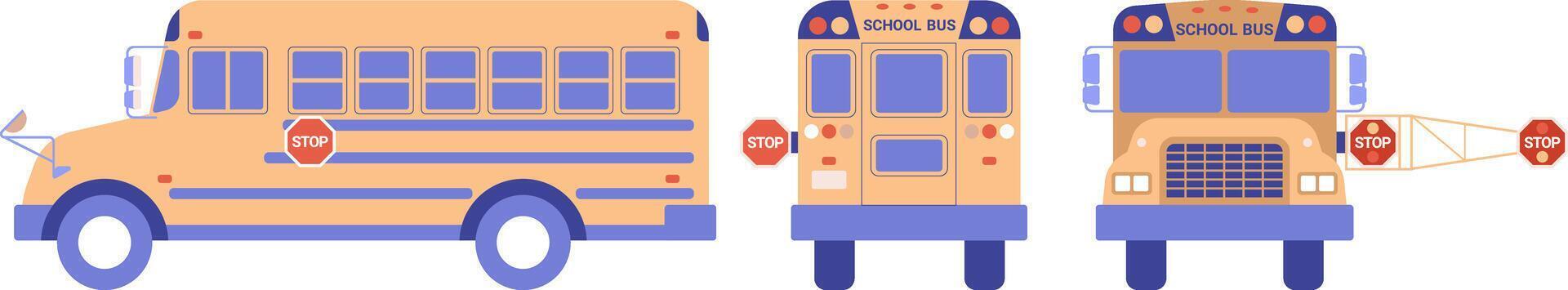 School bus flat illustration set. Long stop sign. vector