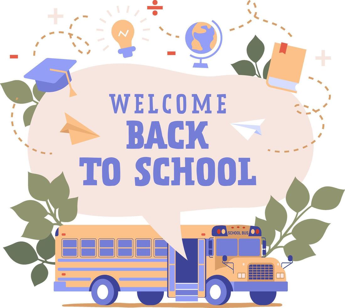 Back to school square banner template with bus. vector