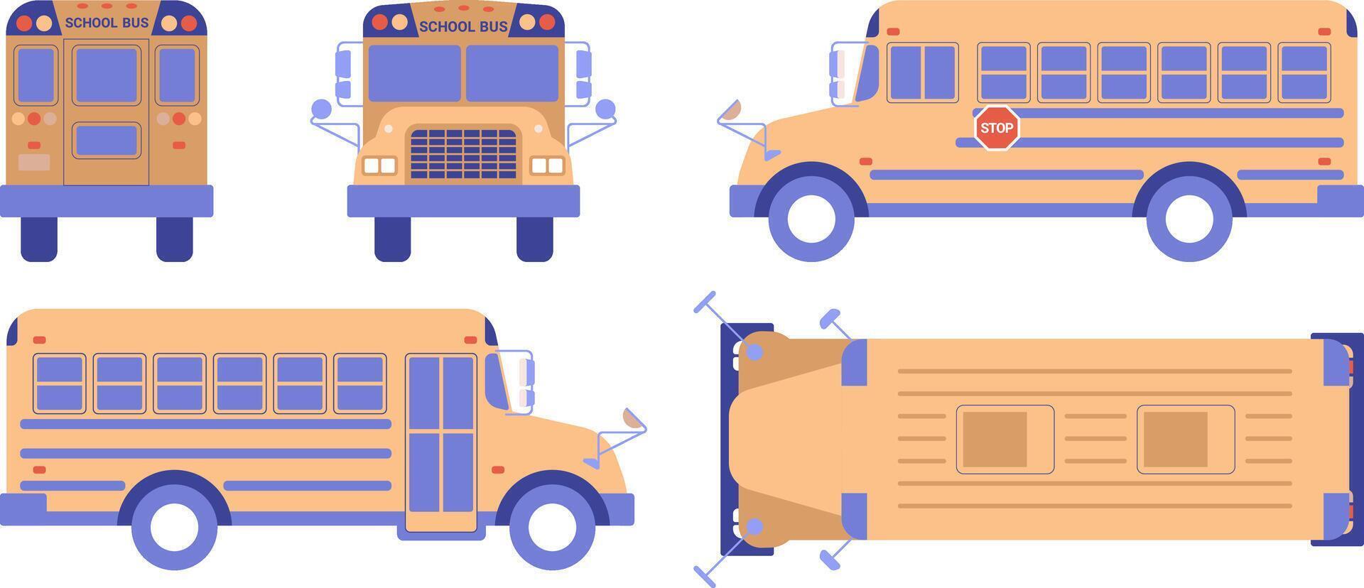 School bus flat illustration different angles set vector