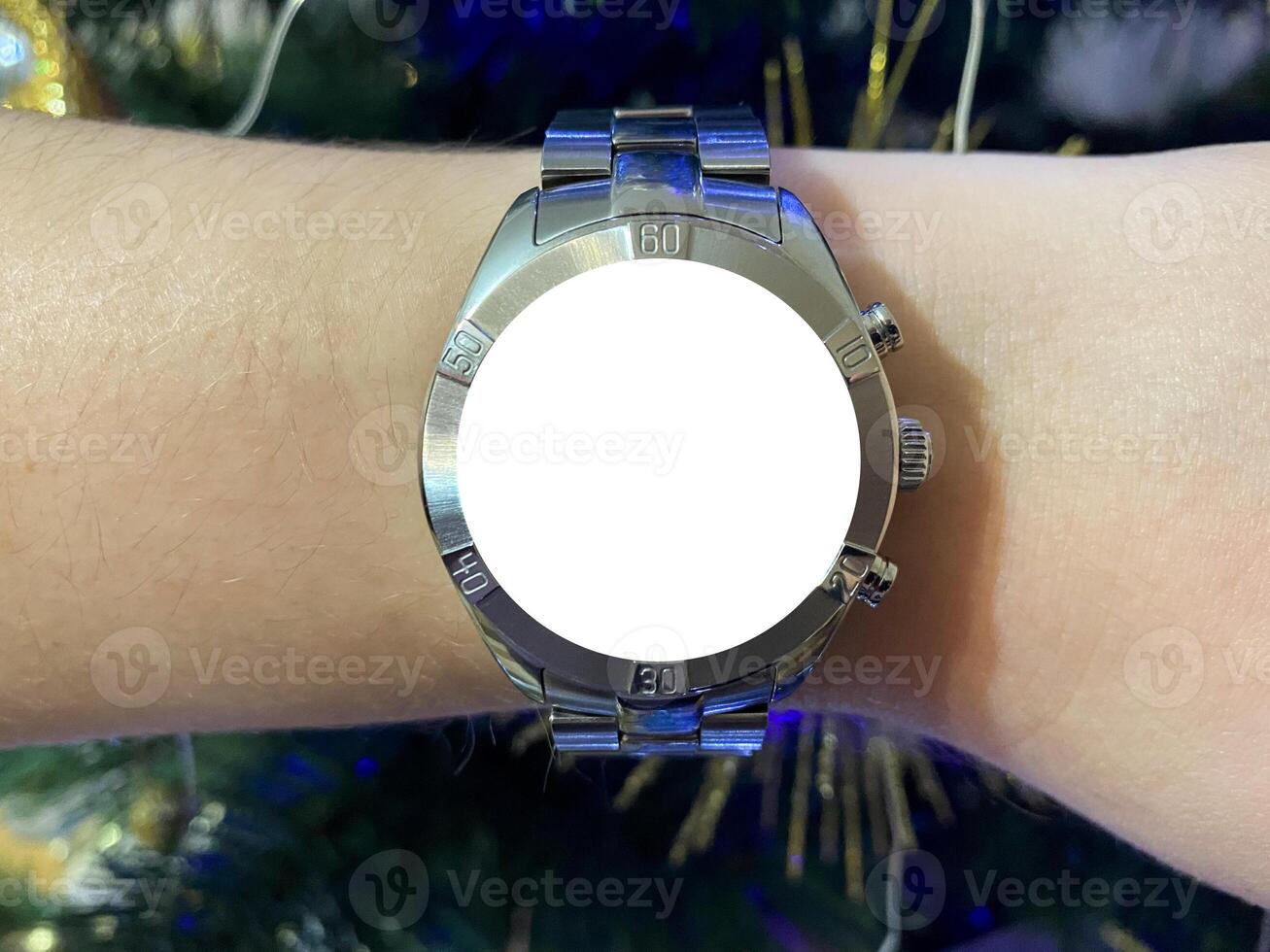 A view of the quartz watch dial with a stainless steel strap on the arm with a mockup photo