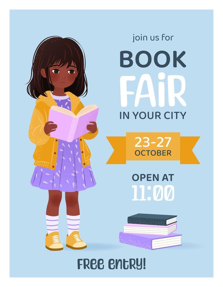 Book fair or festival vertical poster for advertising, promo, invitation, sale. Little girl with books. Banner with text on violet background. Education and event concept. World book day. vector