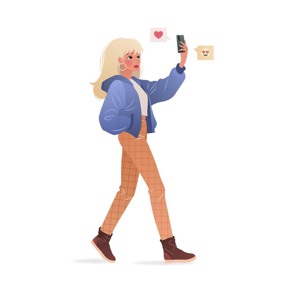 Young woman in casual clothing walking and using her smartphone. Character holding a mobile phone in her hands and taking a selfie. isolated illustration on white background. vector