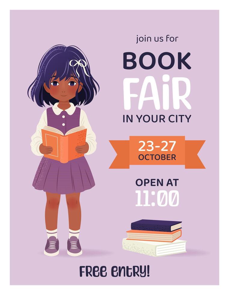Book fair or festival vertical poster for advertising, promo, invitation, sale. Little girl with books. banner with text on violet background. Education and event concept. World book day. vector