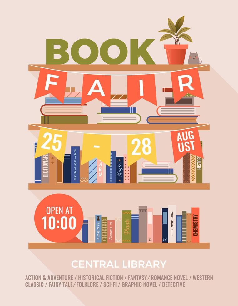 Book fair or festival vertical poster for advertising, promo, invitation, sale. Shelves with various books. multicolored banner. Education and fun event concept. World book day. vector