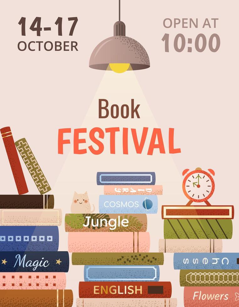 Book fair or festival vertical poster for advertising, promo, invitation, sale. Stacks of various books, lamp, alarm clock. multicolored banner. Education and fun event concept. World book day. vector