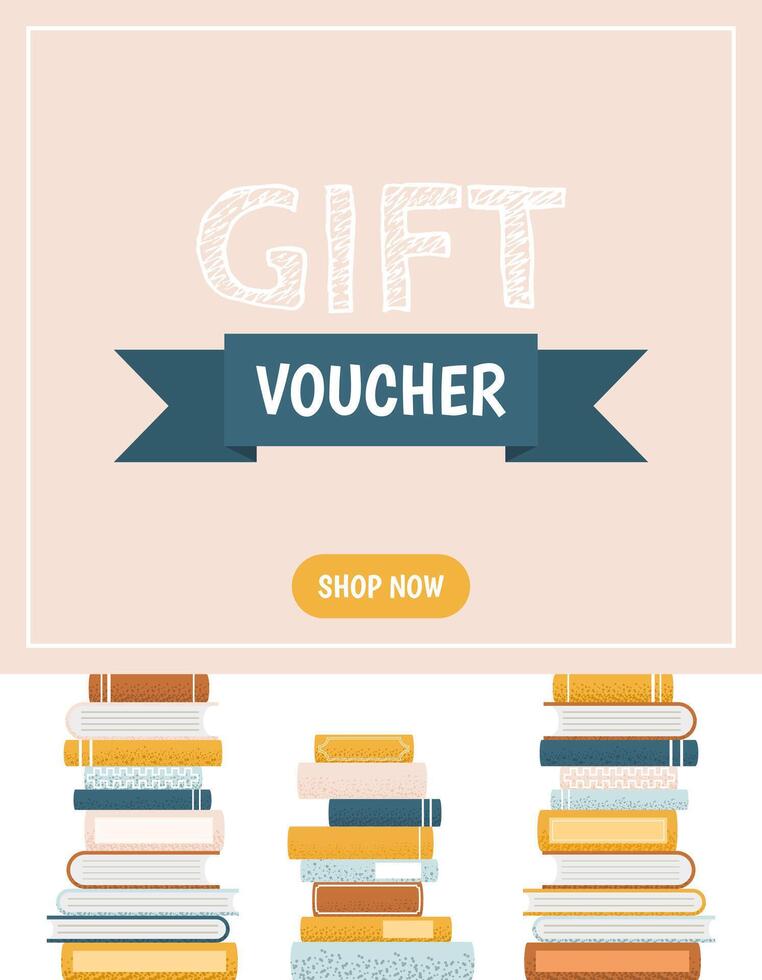 Promo Gift Voucher Flyer with Stack of Books. World Book Day. Template for Bookstores, Bookshops, Libraries, and Educational Events. Flat Illustration for Promotions and Marketing Materials. vector