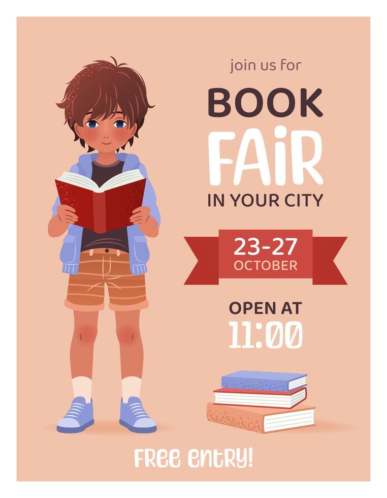 Book fair or festival vertical poster for advertising, promo, invitation, sale. Little boy with book. Banner for Back to School designs. Education and event concept. World book day. vector