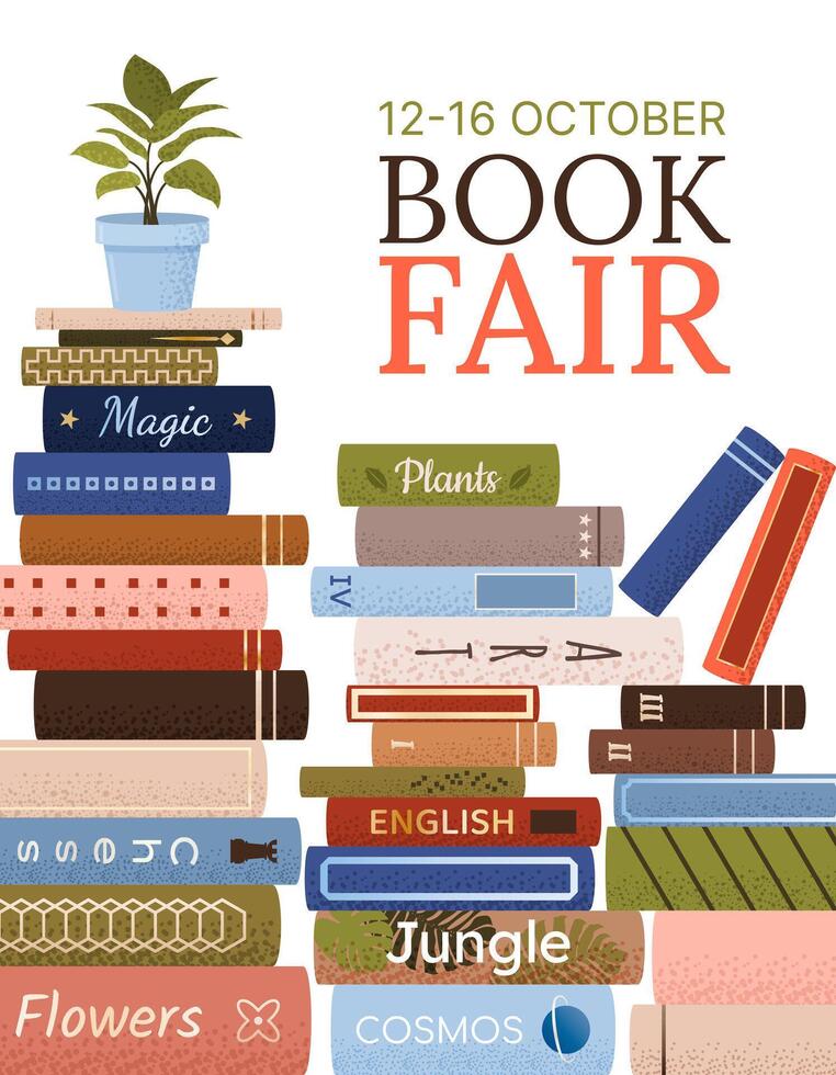 Book fair or festival vertical poster for advertising, promo, invitation, sale. Stacks of various books, plant. banner on white background. Education and event concept. World book day. vector