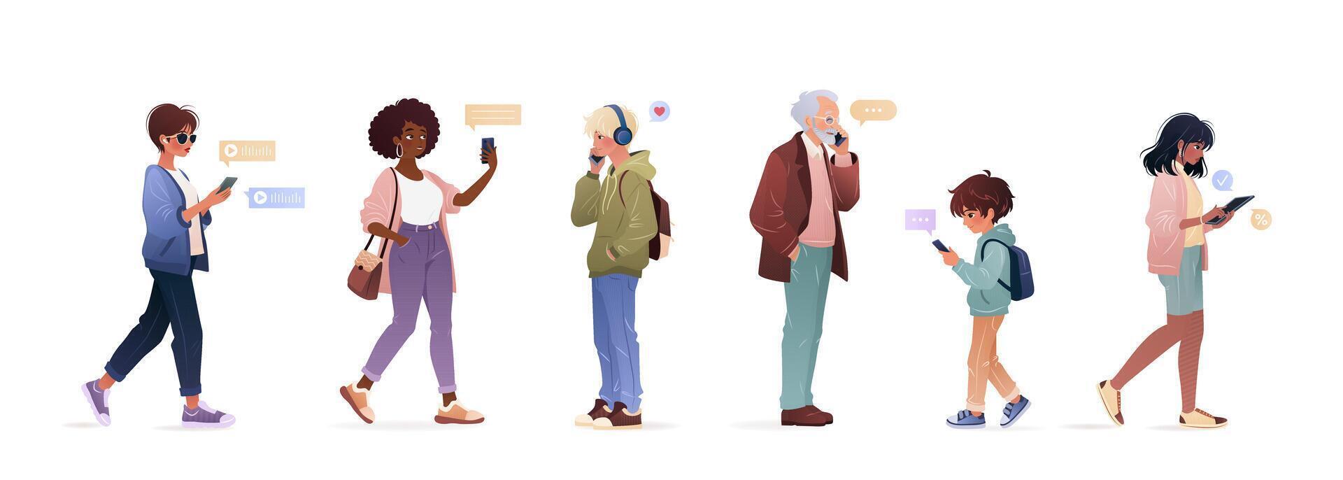Diverse people of different ages and ethnicities using smartphone, surfing internet, chatting. Men, women, kids, young adults and elderly man holding gadgets. isolates illustrations on white. vector