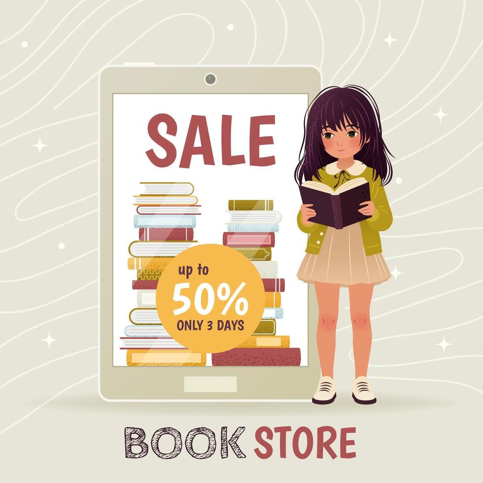 Online bookstore. Sale banner, vertical landing page template, e-books, online education concept, poster. Little girl with book standing near a big display with a pile of books. illustration. vector