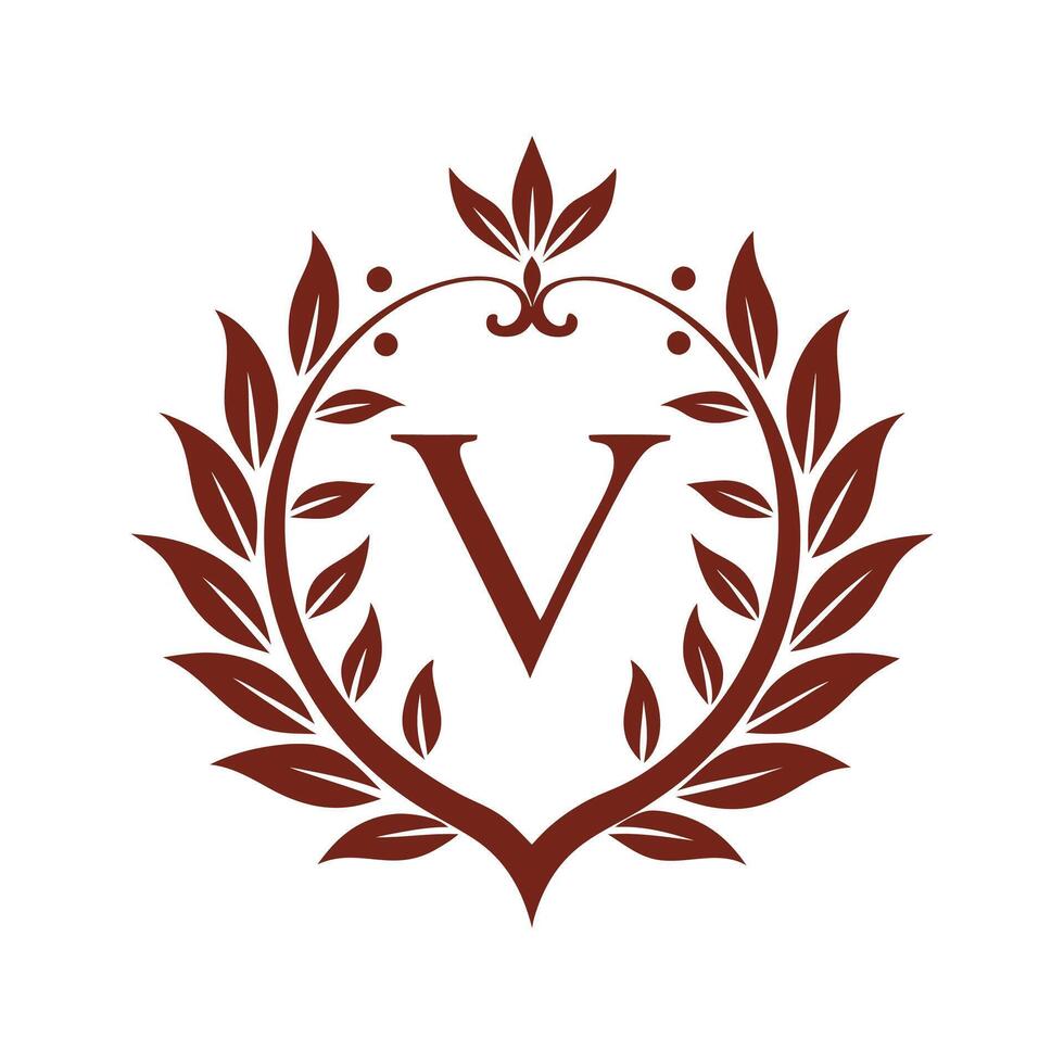 V Letter Logo Inside a Round Leafy Wreath vector