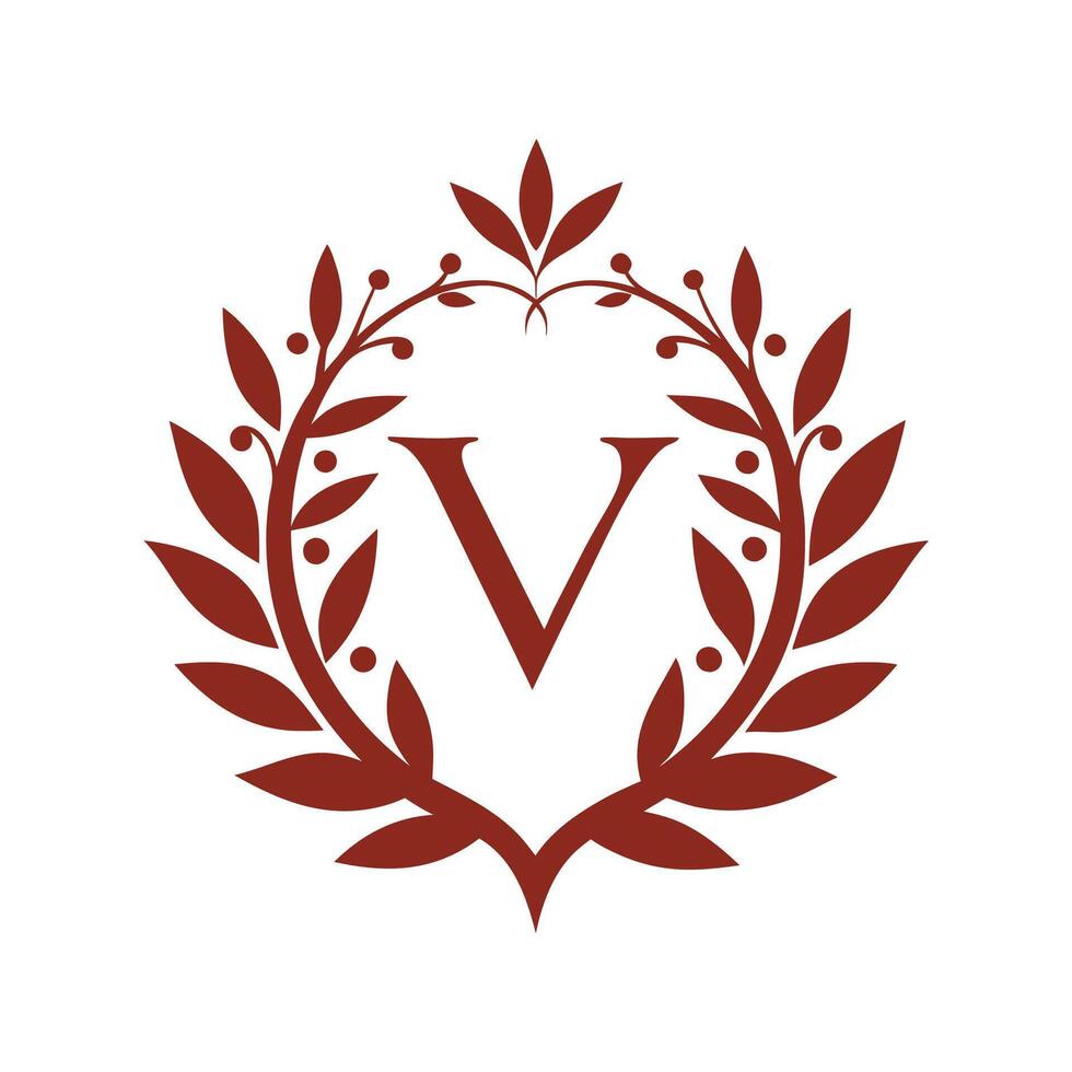 V Letter Logo Inside a Round Leafy Wreath vector
