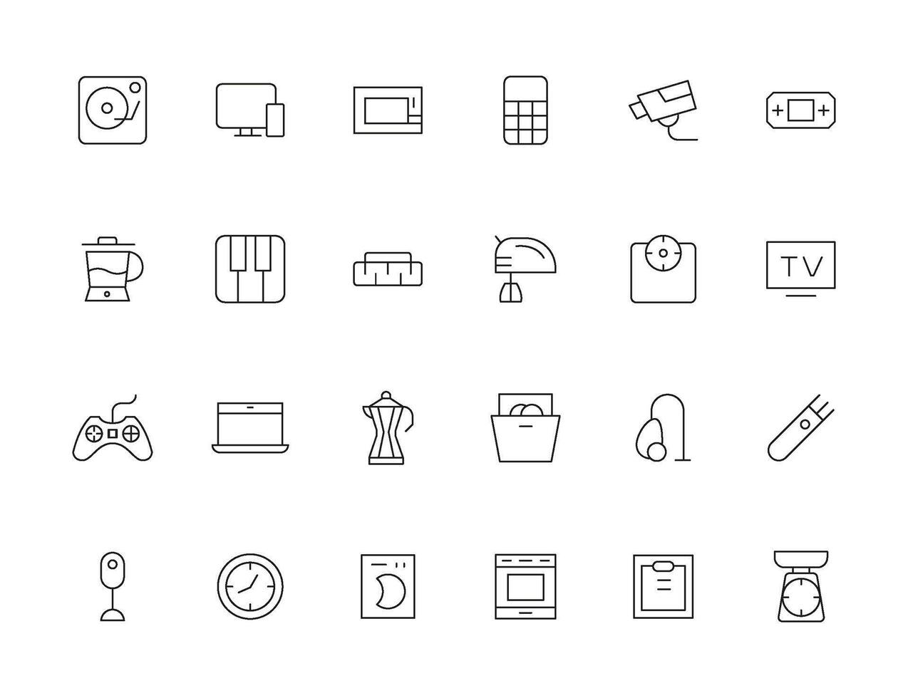 Home appliances and Household items simple line icon set. Editable stroke. icons for website. home symbols, furniture, kitchenware, Home appliances and electronics icons vector