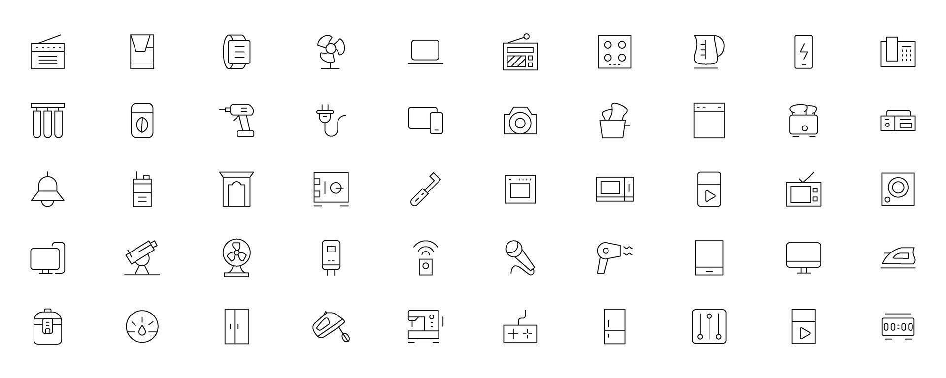 Home appliances and Household items simple line icon set. Editable stroke. icons for website. home symbols, furniture, kitchenware, Home appliances and electronics icons vector