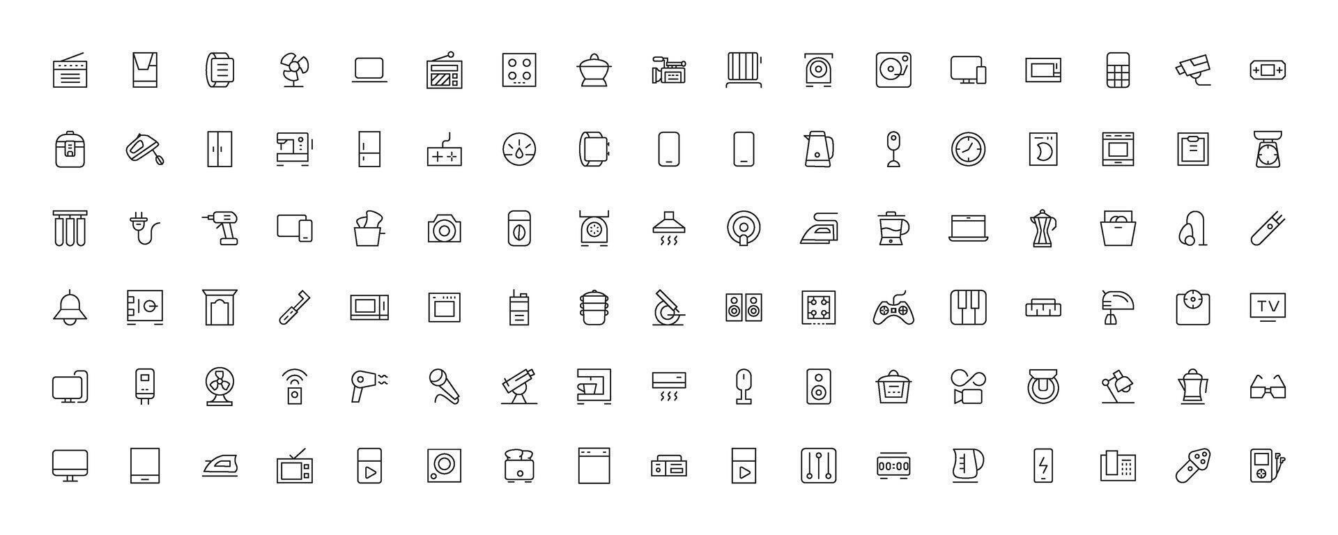 Home appliances and Household items simple line icon set. Editable stroke. icons for website. home symbols, furniture, kitchenware, Home appliances and electronics icons vector