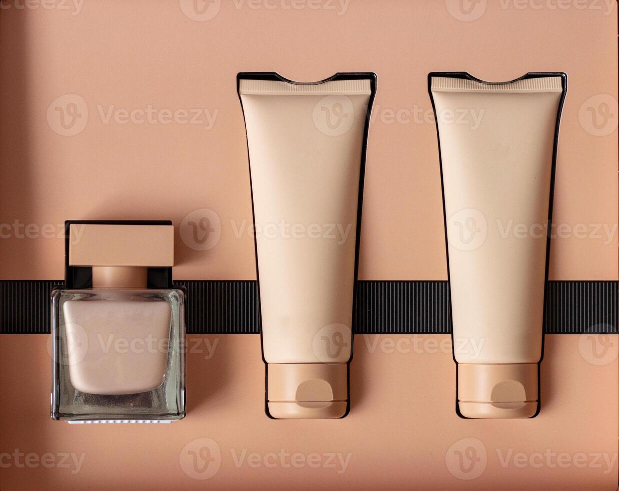 Close-up of a set of perfumed water, cream-colored shower gel in a gift box . Close-up photo on a white background