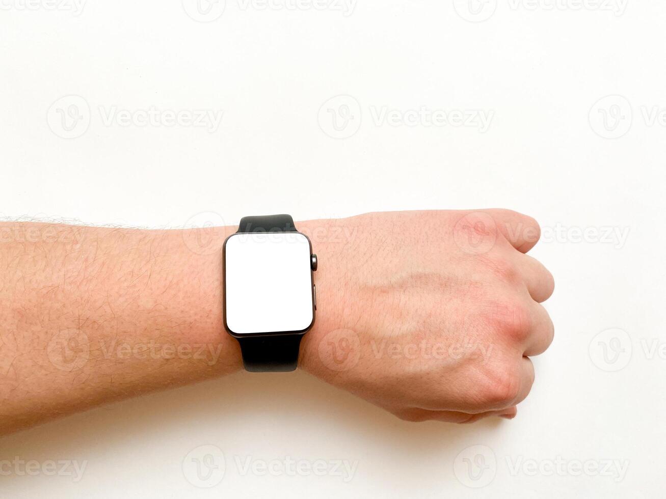 View of the smart watch screen on your hand with mockup on a white isolated background photo