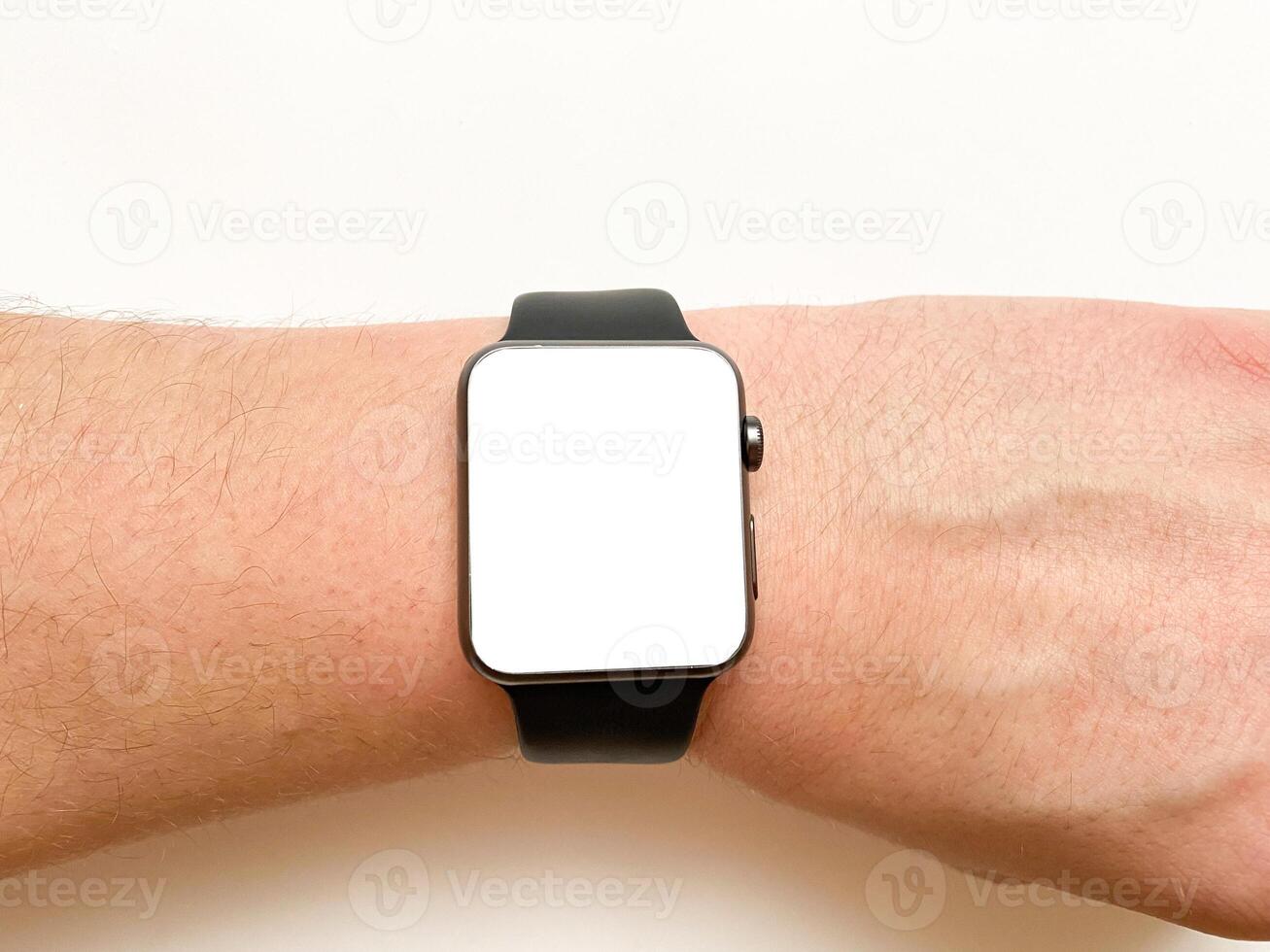 View of the smart watch screen on your hand with mockup on a white isolated background photo