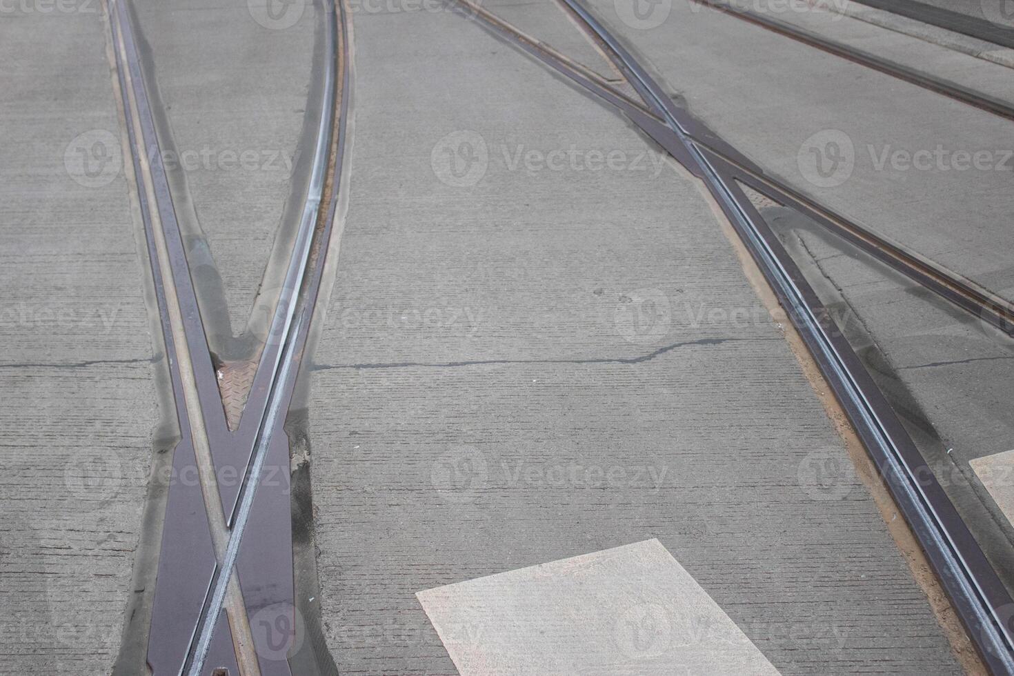 City tram tracks close-up in the city of Poznan, Poland photo